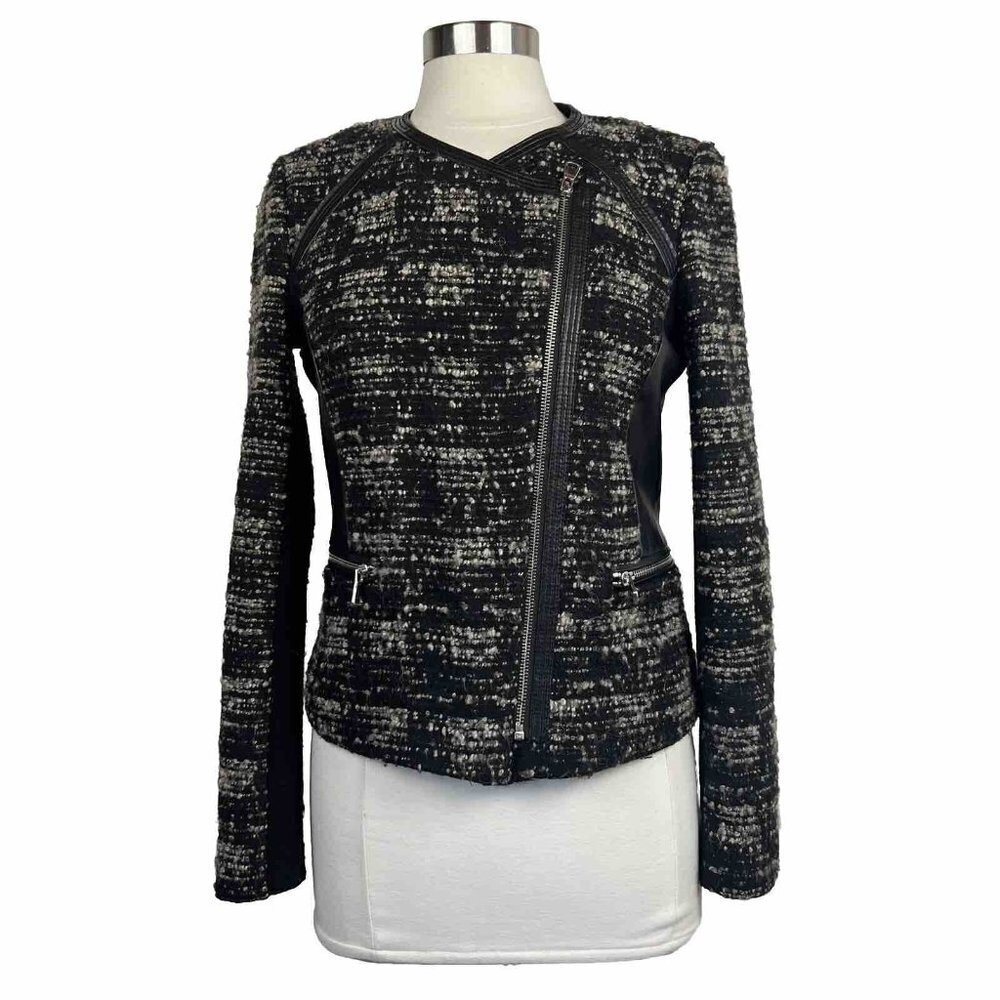 Rebecca Taylor Jacket 6 Women Black Tweed Leather Panel Full Zip Long Sleeves